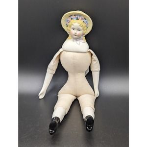 Vintage DIY Cloth Porcelain doll Painted face bonnet blonde 15" Daisy Kingdom